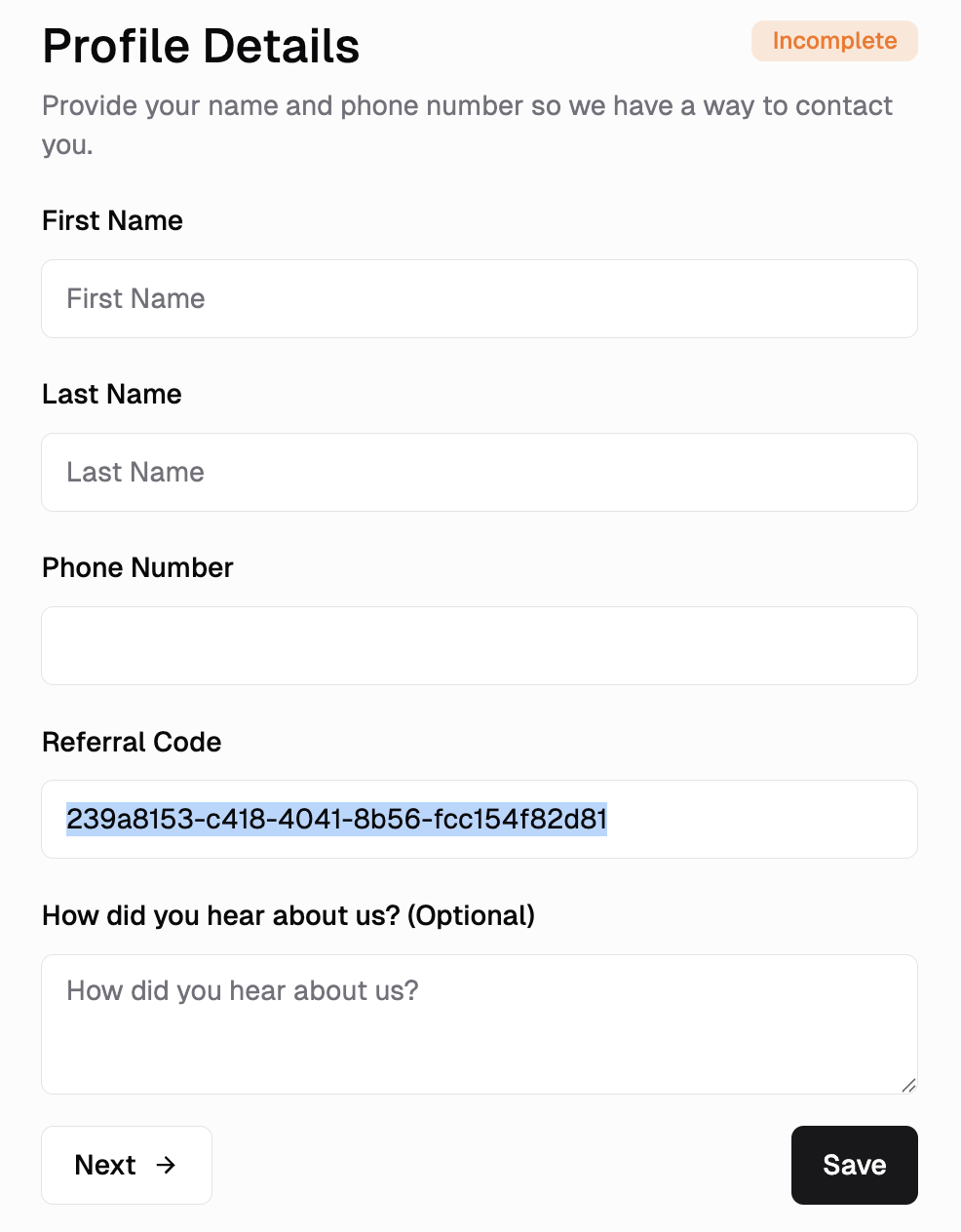 collectpure onboarding screen with referral code