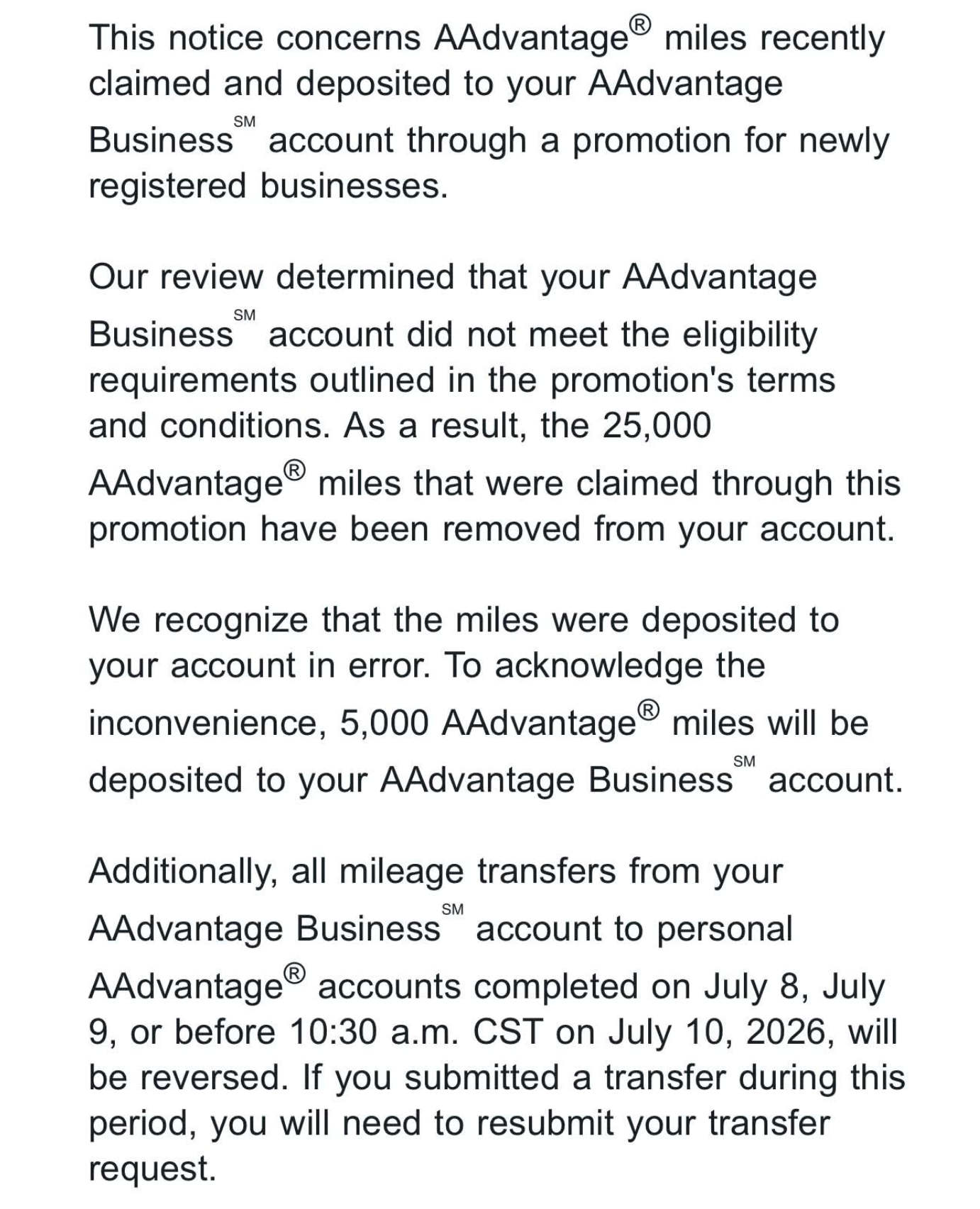 American Airlines notice explaining the removal of a 25,000-mile AAdvantage Business promotional bonus and the award of 5,000 consolation miles
